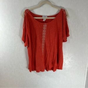 OSO Casuals Orange Asymmetrical Short Sleeve Blouse White Detail Plus Size
